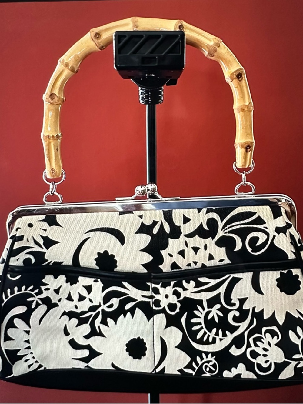 WHBM White House Black Market Clutch Purse Black White with Bamboo Handle NWOT